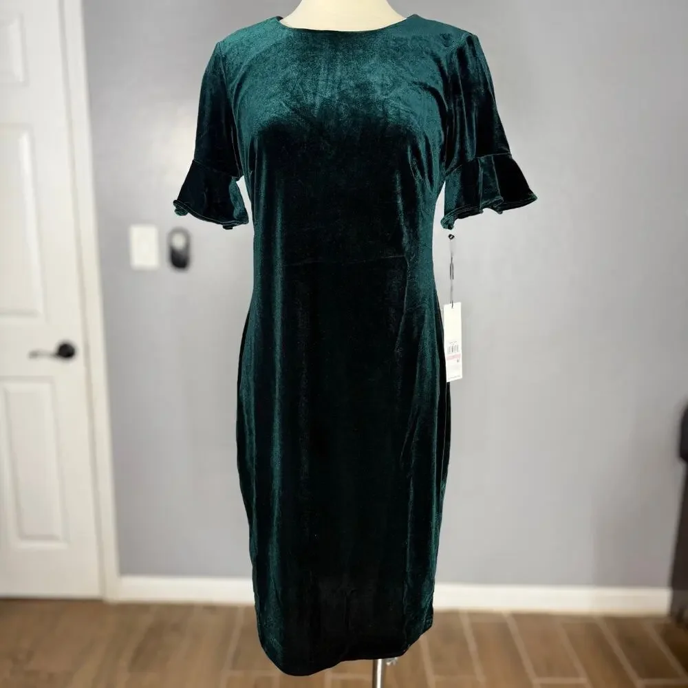 Calvin Klein Velvet Sheath With Flutter Sleeves, Green, 10